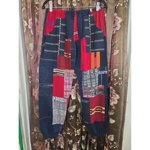 Womens Patchwork Boho Pants Joggers Medium Tie String